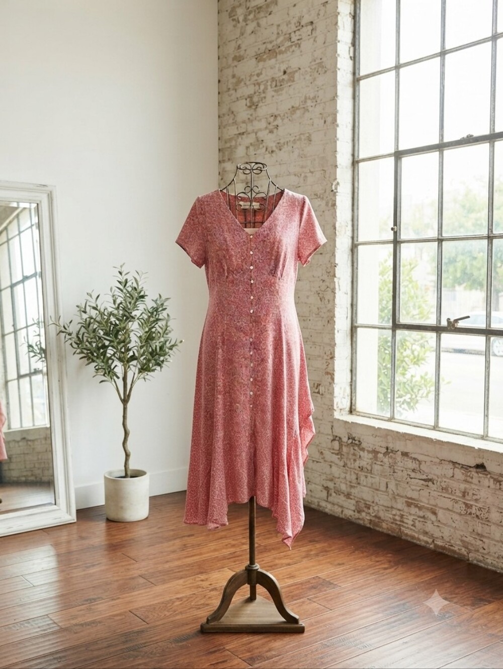 Floral Button-Front Pink Midi Dress with Asymmetric Hem